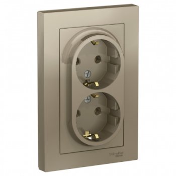 Розетка силовая двойная встраиваемая Schneider Electric AtlasDesign с заземлением, цвет шампань, арт. ATN000524