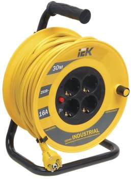 Удлинитель на катушке IEK INDUSTRIAL 4 розетки без выключателя с заземлением 30 м 16А желтый/черный IP20