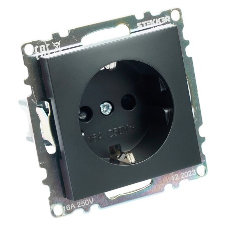 Розетка силовая одноместная встраиваемая STEKKER Катрин с заземлением, цвет черный, арт. GLS16-7110-05