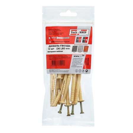 Дюбель распорный 6х60 мм 12 шт нейлоновый с грибовидным болтиком