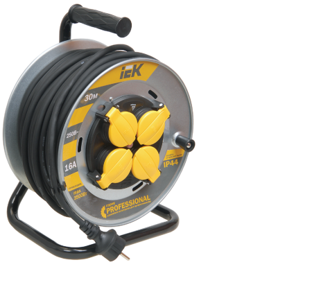Удлинитель на катушке IEK PROFESSIONAL 4 розетки без выключателя с заземлением 30 м 16А желтый/черный IP44