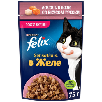 Корм консервированный для кошек FELIX Sensations лосось, треска в желе 75г