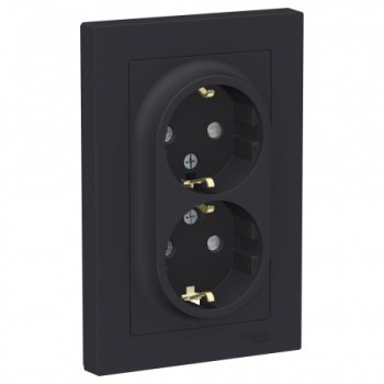 Розетка силовая двойная встраиваемая Schneider Electric AtlasDesign с заземлением, цвет карбон, арт. ATN001026