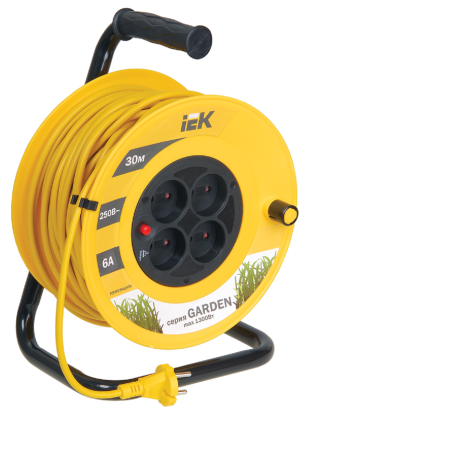 Удлинитель на катушке IEK GARDEN 4 розетки без выключателя без заземления 30 м 6А желтый/черный IP20