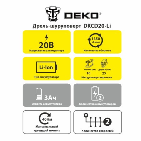 Дрель-шуруповерт аккумуляторная DEKO DKCD20-Li Li-lon 20В 2x3Ач 40Нм