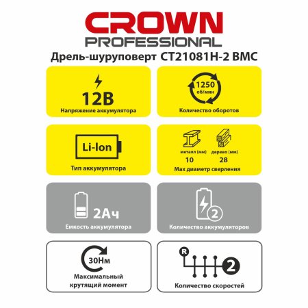 Дрель-шуруповерт аккумуляторная CROWN CT21081H-2 BMC Li-lon 12В 2x2Ач 30Нм