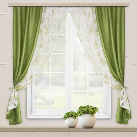 Комплект штор для кухни вуаль/тергалет Витерра Жатка-комби 270хзеленый