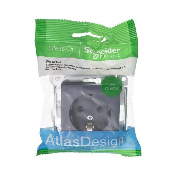Розетка силовая одноместная встраиваемая Schneider Electric AtlasDesign с заземлением, цвет грифель, арт. ATN000745
