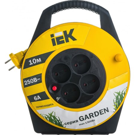 Удлинитель на катушке IEK GARDEN 4 розетки без выключателя без заземления 10 м 6А желтый/черный IP20