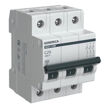 Автоматический выключатель IEK GENERICA 3P 25А хар-ка C 4,5кА арт.MVA21-3-025-C-G