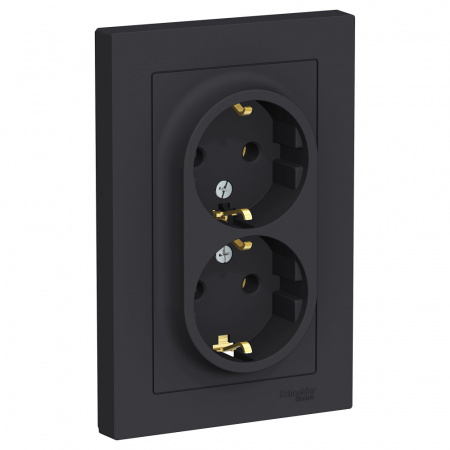 Розетка силовая двойная встраиваемая Schneider Electric AtlasDesign с заземлением, цвет карбон, арт. ATN001024