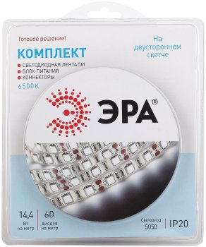 Лента светодиодная ЭРА 14,4Вт/м 12В IP20 холодный белый уп.5м (св/диоды SMD5050)