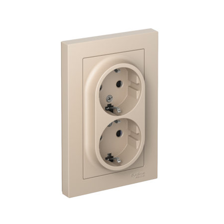 Розетка силовая двойная встраиваемая Schneider Electric AtlasDesign с заземлением, цвет песочный, арт. ATN001226