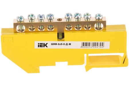 Шина нулевая IEK с DIN-изолятором (желтый) ШНИ-6х9-Д 8 отверстий 100А