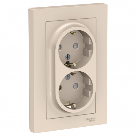 Розетка силовая двойная встраиваемая Schneider Electric AtlasDesign с заземлением, цвет бежeвый, арт. ATN000226