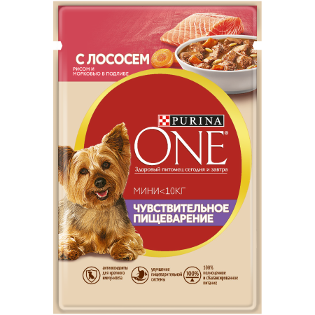Корм консервированный для чувствительного пищеварения Purina One MINI Чувствительное пищеварение лосось, рис, морковь в соусе 85г