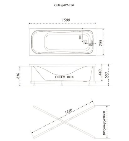Ванна Стандарт акриловая 150х70см с установочным комплектом