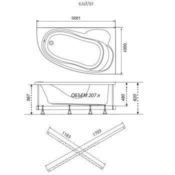 Ванна Кайли акриловая 150х100см с каркасом, переливом, панелью левая
