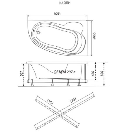 Ванна Кайли акриловая 150х100см с каркасом, переливом, панелью левая