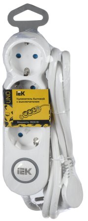 Удлинитель бытовой IEK UNO 3 розетки с выключателем с заземлением 1,5 м 16А белый IP20