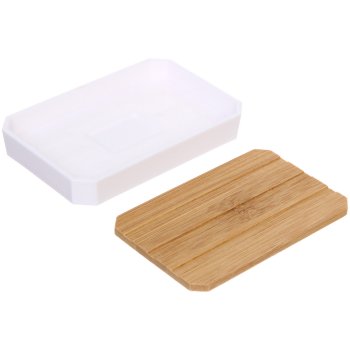 Мыльница Квадро пластик/бамбук цвет белый настольная