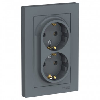 Розетка силовая двойная встраиваемая Schneider Electric AtlasDesign с заземлением, цвет грифель, арт. ATN000724