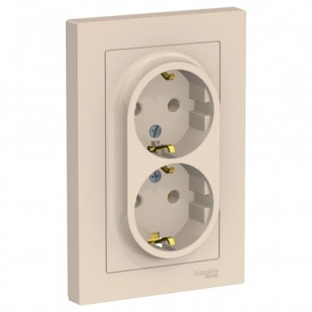 Розетка силовая двойная встраиваемая Schneider Electric AtlasDesign с заземлением, цвет бежeвый, арт. ATN000224