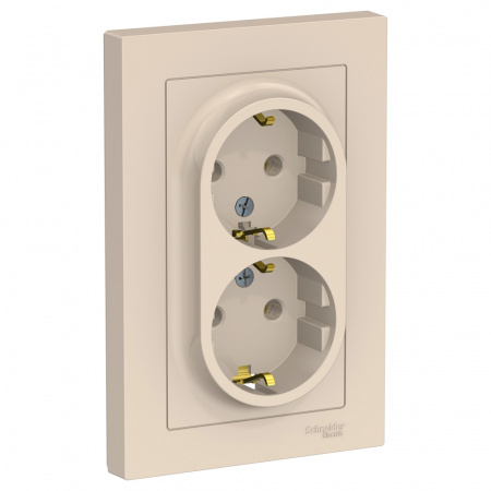 Розетка силовая двойная встраиваемая Schneider Electric AtlasDesign с заземлением, цвет бежeвый, арт. ATN000224