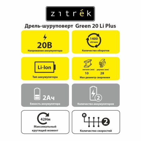 Дрель-шуруповерт аккумуляторная ZITREK Green 20 Li Plus Li-lon 20В 2x2Ач 42Нм