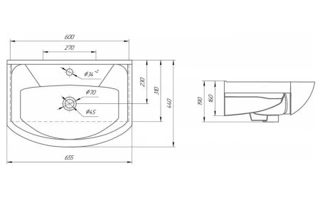 Раковина KIROVIT Элеганс фаянс 650мм полукруглая цвет белый