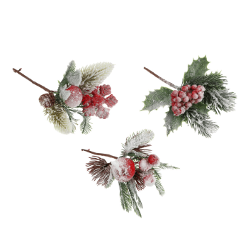 Ветка декоративная Хвоя с ягодами, снежная 10х15см цвет зеленый/красный