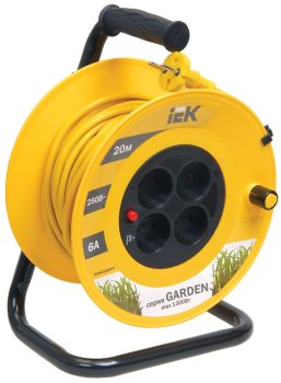 Удлинитель на катушке IEK GARDEN 4 розетки без выключателя без заземления 20 м 6А желтый/черный IP20