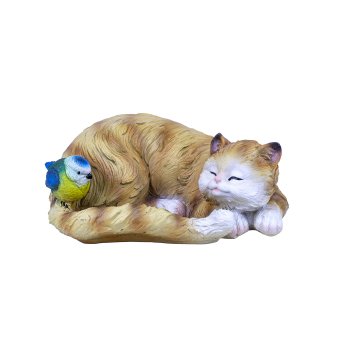 Садовая фигура Кошка спящая с птичкой 13см