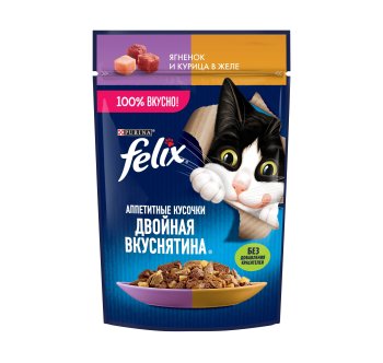 Корм консервированный для кошек Felix Двойная Вкуснятина  ягненок и курица в желе 75г Корм консервированный для кошек Felix Двойная Вкуснятина  ягненок и курица в желе 75г