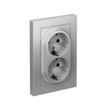 Розетка силовая двойная встраиваемая Schneider Electric AtlasDesign с заземлением, цвет алюминий, арт. ATN000326