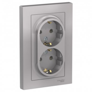 Розетка силовая двойная встраиваемая Schneider Electric AtlasDesign с заземлением, цвет алюминий, арт. ATN000324