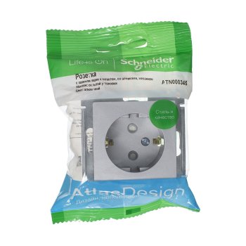 Розетка силовая одноместная встраиваемая Schneider Electric AtlasDesign с заземлением, цвет алюминий, арт. ATN000345