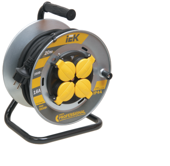 Удлинитель на катушке IEK PROFESSIONAL 4 розетки без выключателя с заземлением 20 м 16А желтый/черный IP44