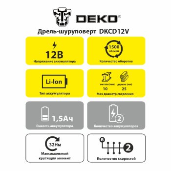 Дрель-шуруповерт аккумуляторная DEKO DKCD12V Li-lon 12В 2x1,5Ач 32Нм