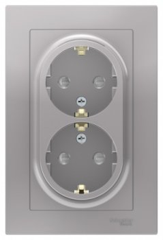 Розетка силовая двойная встраиваемая Schneider Electric AtlasDesign с заземлением, цвет алюминий, арт. ATN000326