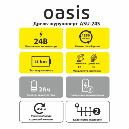 Дрель-шуруповерт аккумуляторная Oasis ASU-24S Li-lon 24В 2x2Ач 45Нм