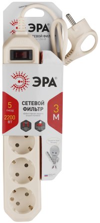 Сетевой фильтр ЭРА 5 розеток с выключателем 3 м белый