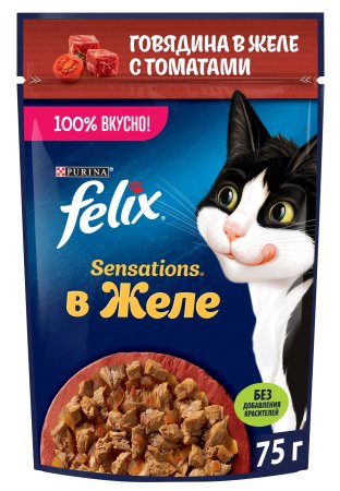 Корм консервированный для кошек FELIX Sensations говядина в томате в желе 75г