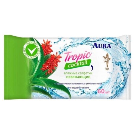 Салфетки влажные Aura Tropic Cocktail освежающие 60шт