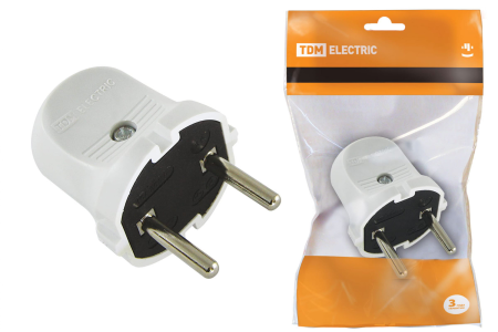 Вилка штепсельная TDM 6А 250В 2К белая прямая IP20