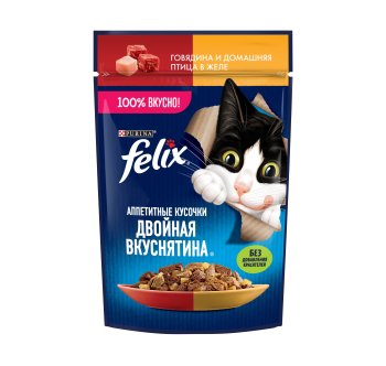 Корм консервированный для кошек FELIX Двойная Вкуснятина  говядина и птица в желе 75г