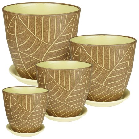 Горшок с поддоном Бутон Листья Роспись 1л Ø12см коричневый