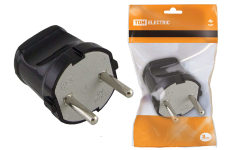 Вилка штепсельная TDM 6А 250В 2К чёрная прямая IP20
