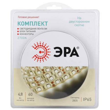Лента светодиодная ЭРА 4,8Вт/м 12В IP20 теплый белый уп.5м (св/диоды SMD2835)
