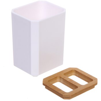 Стакан для зубных щеток с разделителем Квадро пластик/бамбук цвет белый